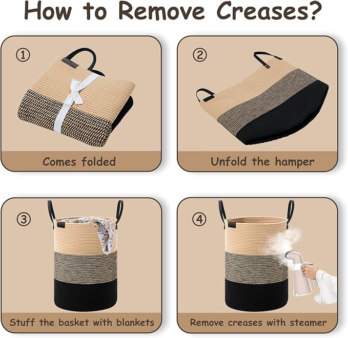 VIPOSCO Tall Laundry Basket, Large Dirty Clothes Hamper with Leather Handle, Woven Rope Storage Basket for Blanket, Toy In Living Room, Bathroom, Bedroom - 53L Brown & Black