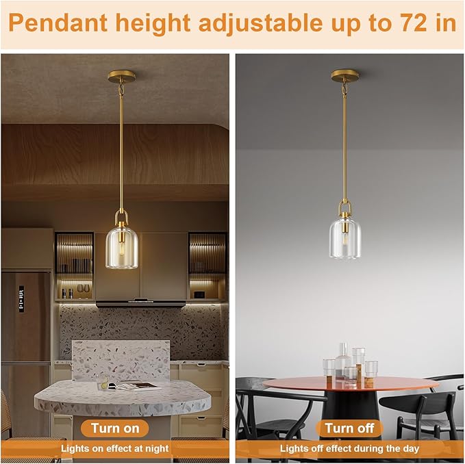 Brass Pendant Light Fixtures, Gold Pendant Light, Indoor Pendant Light for Kitchen Island Dining Room Living Room Bedroom Bathroom, E12 Bulb Included, 2PCS