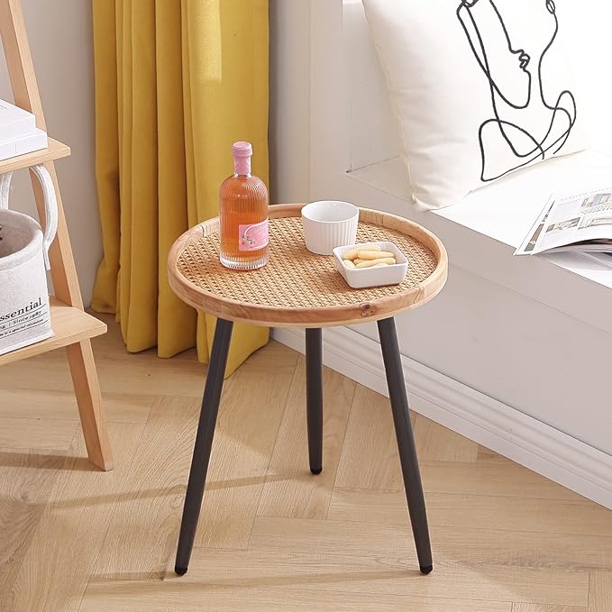 Tiita Rattan Round End Table Mental Side Table Nightstand/Small Wood Tables Accent Coffee Table with Wooden Tray for Living Room Bedroom Office Small Space