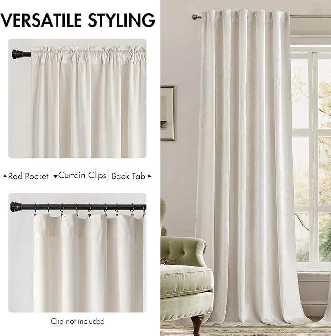MIULEE Velvet Curtains 96 inches - Luxury Curtains for Bedroom Living Room Thermal Insulated Super Soft Room Darkening Window Drapes Rod Pocket & Back Tab, Ivory, W52 x L96 inches, 2 Panels