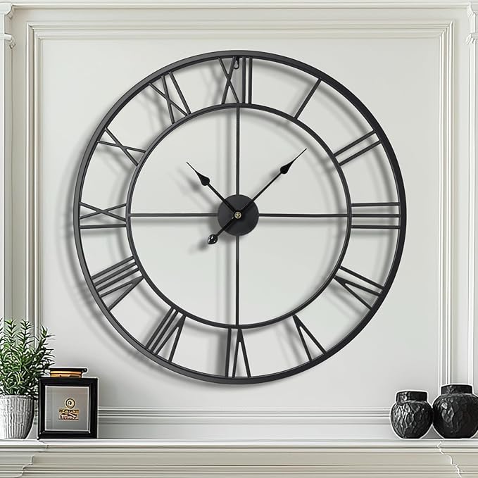Tatub 32 Inch Large Wall Clock for Living Room Decor, Roman Numeral Modern Round Decorative Metal Large Wall Clock for Bedroom and Kitchen, Silent, Non Ticking, Battery Operated