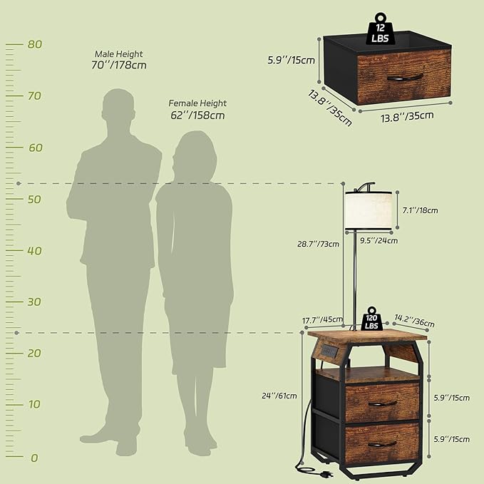 Floor Lamp with Table, End Tables with Lamps Attached 3-Color Temperature Bulb, Side Table with Lamp with 2 Drawers & Charging, Lamps Tables Combo for Bedroom, Dorm, Apartment - Rustic Brown