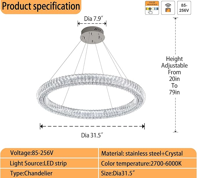 Modern Led Ring Chandelier 1 Ring Dimmable 31.5" Adjustable Round Chrome Crystal Chandelier for Dining Room Living Room