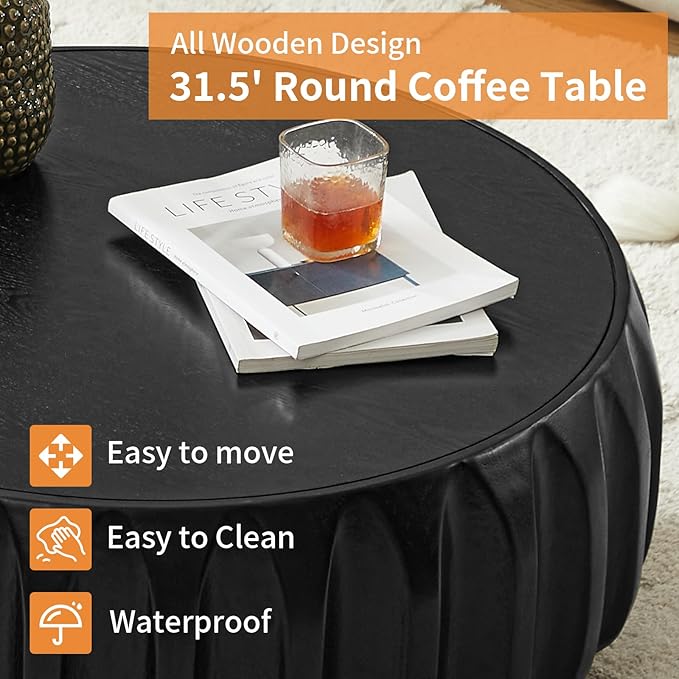 31.5" Drum Coffee Table Modern Round Coffee Table Wood Fluted Centry Table with Solid Wood Veneer for Living Room, Easy Assemble, Black