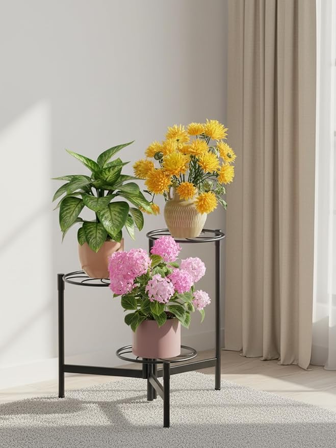 3 Tier Plant Stand Outdoor Tall Metal Corner Plant Stand for Patio Garden Balcony Living Room Bedroom Indoor Tiered Plant Shelf Black Kite