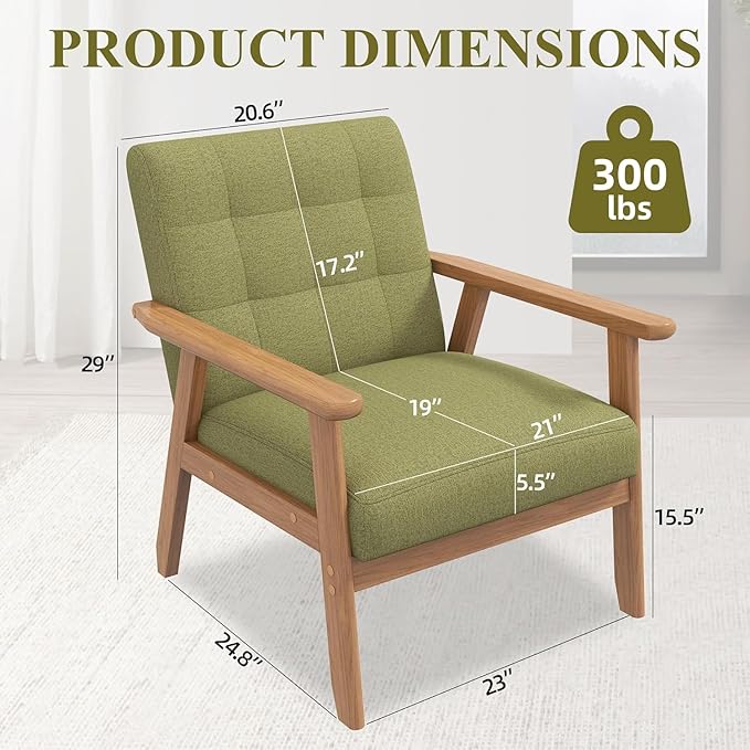 Westice Accent Chairs Set of 2, Mid-Century Living Room Chairs with Solid Wood Frame & Soft Thicken Cushion, Upholstered Arm Reading Chair for Bedroom, Balcony, Green Linen Fabric & Natural Legs