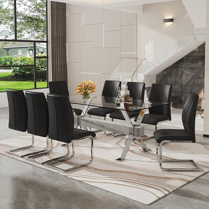 71'' Glass Dining Table Set for 8,9 Piece Dining Table Set with Tempered Glass Tabletop and Open‑Frame X‑Shaped Metal Base,Kitchen Table and Chairs Ideal for Dining Room&Home Office