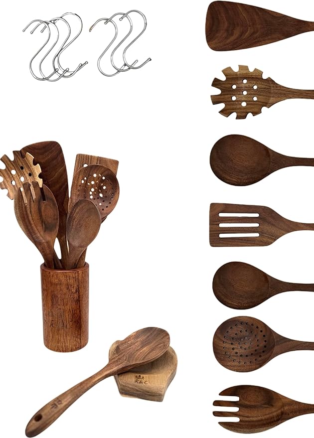 R&C 9-Piece Wooden Kitchen Utensil Set – Premium Teak Cooking Spoons, Spatulas & Strainer with Holder & Hooks – Eco-Friendly, Nonstick, Durable Wooden Cookware Gift Set