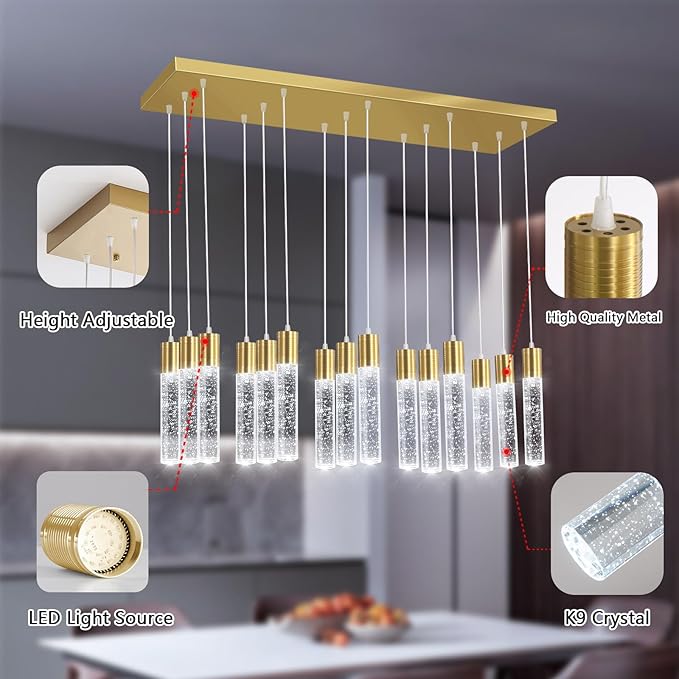 15-Lights Modern LED Pendant Lighting Fixture for Kitchen Island Crystal Chandelier Light Fixtures for Dining Room Living Room Gold