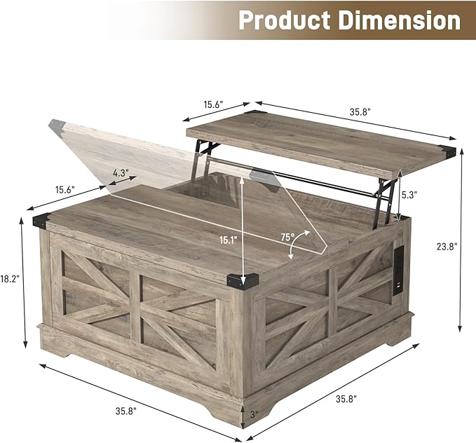 36" Farmhouse Movable Lift Top Coffee Table with Storage and Power Outlets, Square Wood Living Room Tables with Wheels&Large Hidden Space, Lift Wooden Barn Door Center Table, Grey
