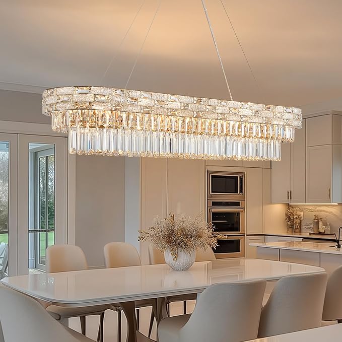 49.2" L Modern Crystal Chandeliers for Dining Room 18 Lights Gold Chandelier Large Rectangle Crystal Chandelier Pendant Light Fixture Kitchen Entryway Living Room 49.2" L x 8.7" H