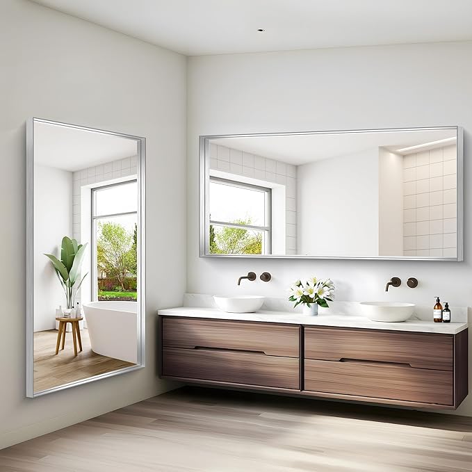 Silver Bathroom Mirror, 72x36 Inch Rectangular Framed Mirror, Large Wall Mounted Bathroom Vanity Mirror Over Sink for Bedroom,Restroom, Living Room, Hangs Vertically or Horizontally