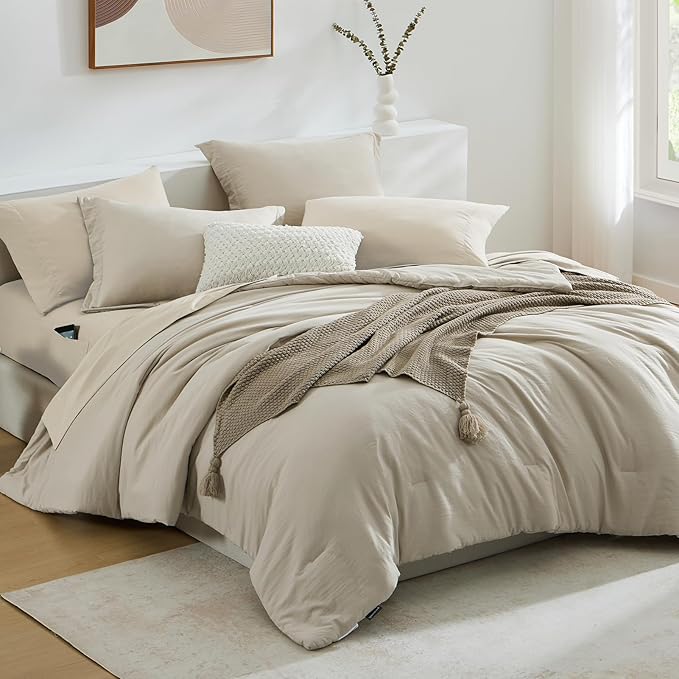 WRENSONGE Oversized Queen Comforter Set - 7 Pieces Light Oatmeal Bed in a Bag Queen with Sheets, 2 Pillow Shams, and 2 Pillowcases- Warm Bedding Sets Queen for All Season