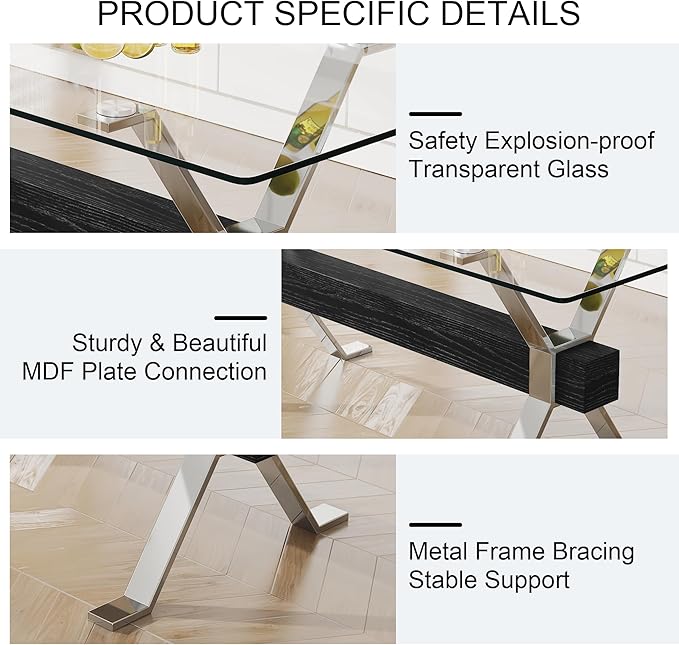 9 Piece Glass Dining Table Set, 79" Modern Dining Table Set for 8, 0.5" Thick Tempered Glass Tabletop with Silver Chrome Metal Legs and Black Crossbar, 8 PU Chairs for Dining Room, Kitchen