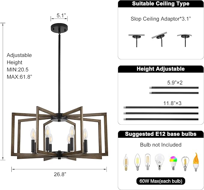 8-Light Metal Geometric Chandelier，Large Kitchen Pendant Lighting Over Island，Farmhouse Dining Room Light Fixture，Wood Grain Finish and Black Modern Chandelier