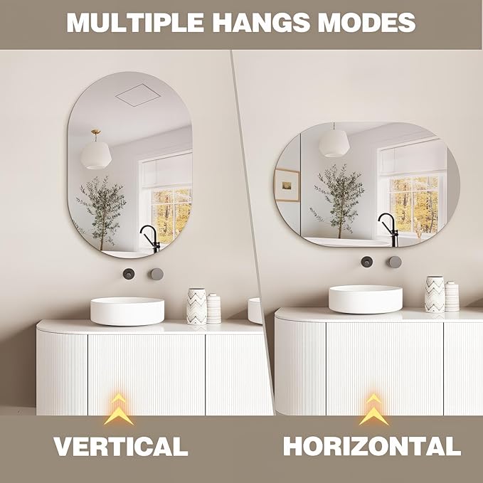 36" x 24" Frameless Mirror Wall Mirror, Modern Oval Bathroom Mirror with Polished Edge, Hang Horizontally or Vertically, for Bedroom Bathroom Livingroom Gym Entryway and More