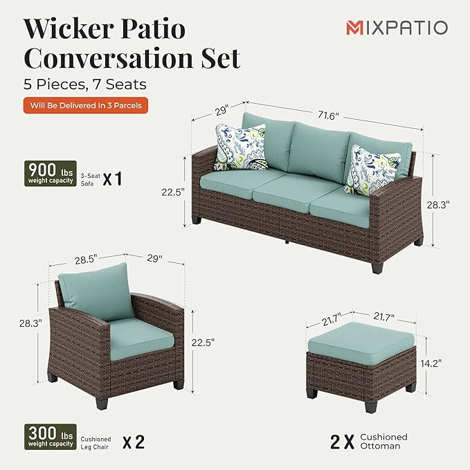 Patio Furniture Set, 5 Pcs Wicker Rattan Outdoor Conversation Set, 2 x Leg Chairs, 1 x 3 Seater Sofa and 2 x Ottoman with 4" Thick Cushion for Garden Backyard Deck, Blue