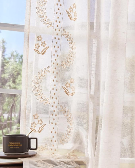jinchan Belrose Linen Sheer Curtains for Living Room 84 Inch Length Sheer Voile Embroidered Floral Curtains for Bedroom Light Filtering Rod Pocket Window Treatments Farmhouse Decor 2 Panels Beige
