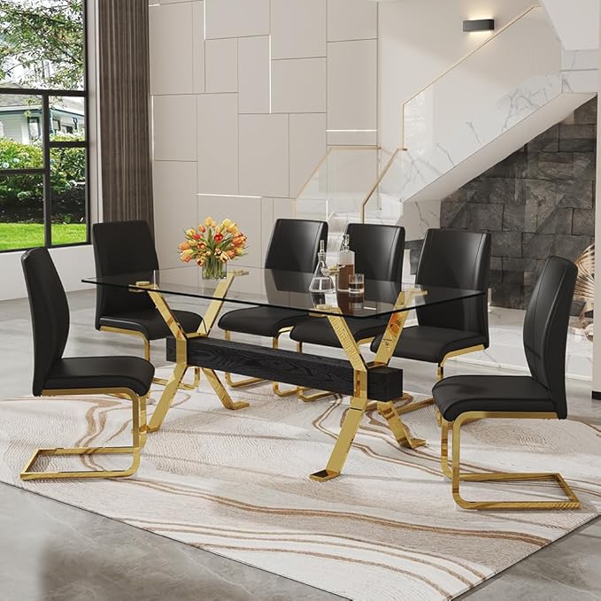 71'' Modern Dining Table Set for 6,7 Piece Glass Dining Table Set with Open‑Frame X‑Shaped Golden Metal Base,Gold Kitchen Table and Chairs Ideal for Dining Room&Home Office
