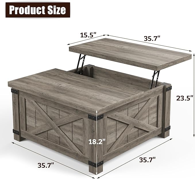 EnHomee Lift Top Coffee Table with Storage, 35.7" W Square Coffee Tables for Living Room, Small Coffee Table with Large Hidden Space, for Living Room, Bedroom, Home Office, Grey