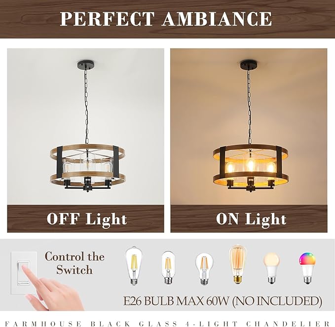 Farmhouse Chandelier, 20" Rustic Light Fixture with Glass Shade 4-Light Drum Lighting Fixtures Retro Pendant Lamp for Dining Room Foyer Living Room Entrance Kitchen Island Bedroom