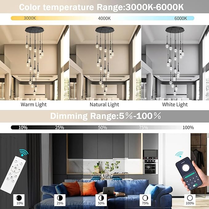 18 Light Modern Glam Crystal Chandelier for High Ceiling LED Dimmable Ceiling Pendant Light Staircase Foyer Enterway Living Room Chandelier Lighting Antique Black