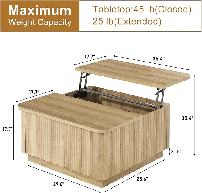 Lift Top Coffee Table with Storage,Wood Square Coffee Tables W/6000-Colors Lighting,Multi-Function Groove Texture Center Table W/Large Hidden Space for Living Room,Bedroom,Home,Office(OAK)