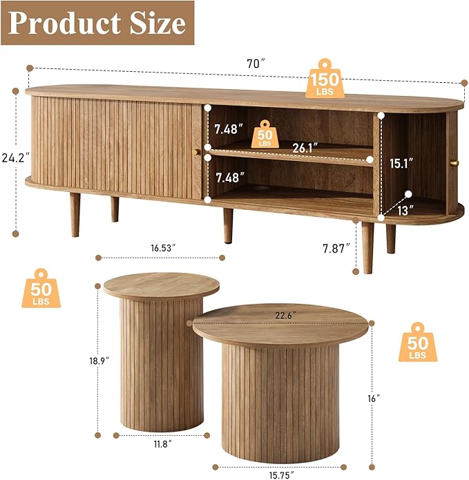 3-Piece Mid Century Modern Living Room Table Set, 70" TV Stand with Tambour Door, Nesting Round Coffee Table Set of 2, Wood Slats Entertainment Center with Storage, Natural Oak