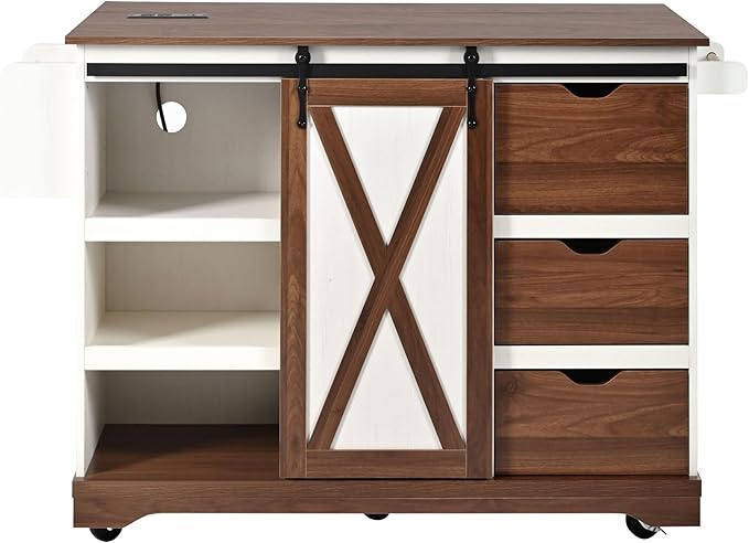 55.5" Farmhouse Kitchen Island with Drop Leaf, Kitchen Storage Island with Barn Door, Power Outlet, for Home, Kitchen, Dining Room, White