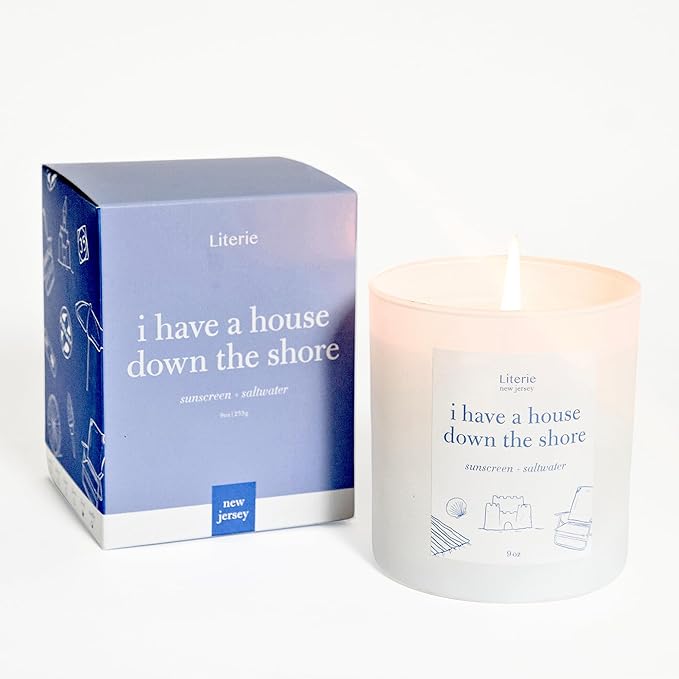Literie NJ Inspired Scented Candle: I Have a House Down The Shore - Sunscreen & Saltwater Scented, 9oz, 50 Hour Burn, Vegan Soy & Coconut Blend Candle for Home Decor, Gift for Women & Men