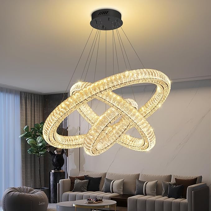 3 Rings Crystal Chandeliers for Living Room Black Chandelier High Ceiling Chandeliers for Foyer LED Dimmable3000-6000K D32+D24+D16