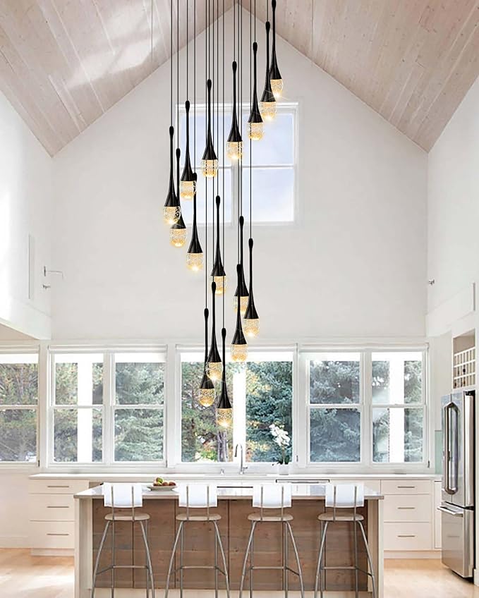 12-Light Black Raindrop Crystal Chandelier 120'' High Ceiling foyers Entrance Chandeliers Staircase Long Pendant Light Dimmbale LED 2700-6000K
