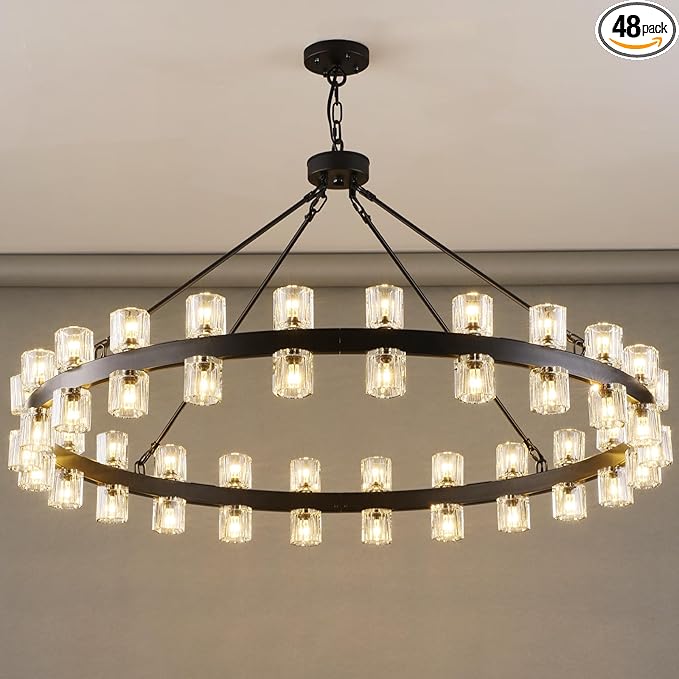 48 Inch Black Wagon Wheel Chandelier with Crystal Shade, Crystal Chandelier, Modern Farmhouse Style, Ideal for Dining Room, Kitchen, Entryways,48 Lights (Bulbs Included)