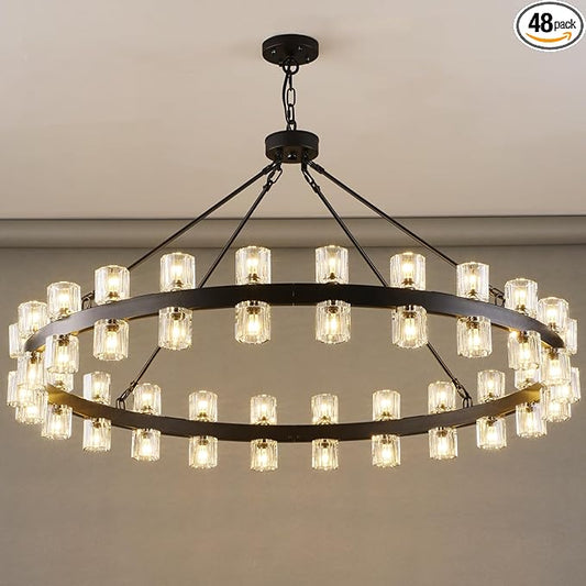 48 Inch Black Wagon Wheel Chandelier with Crystal Shade, Crystal Chandelier, Modern Farmhouse Style, Ideal for Dining Room, Kitchen, Entryways,48 Lights (Bulbs Included)
