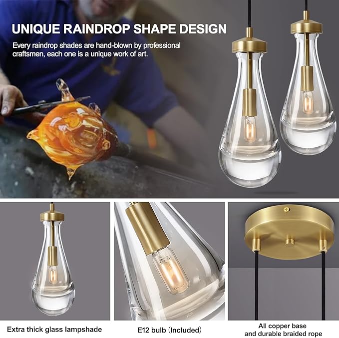 Modern Raindrop Pendant Lights, Brass Cluster 2-Light Pendant Lights Kitchen Island, Gold Bedside Pendant Lighting, Adjustable Suspension Cord for Dining Room,Bathroom,Bedroom,Bulb Included