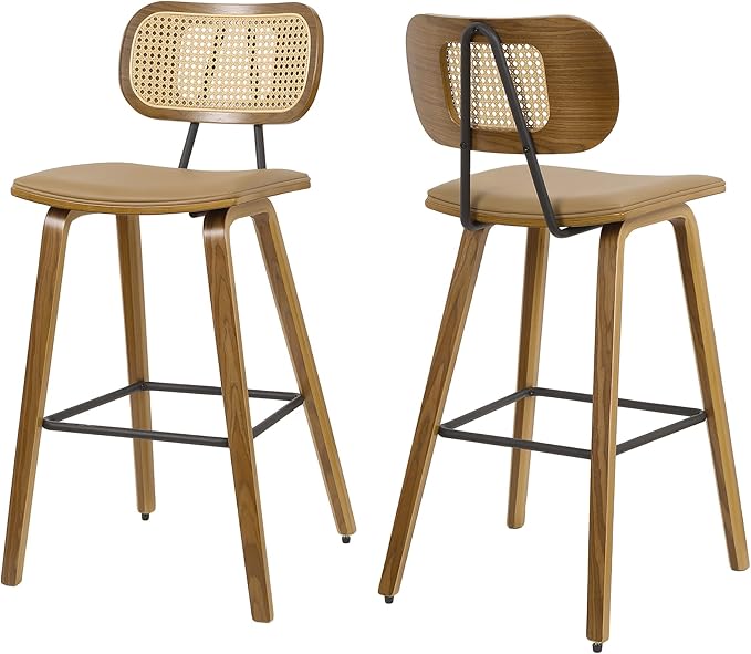 Counter Height Bar Stools Set of 2, Mid Century Modern Counter Stools, 26" Wood Kitchen Stool PU Leather Upholstered Barstool with Rattan Back, Counter Height Island Dining Bar Chair, Brown & Walnut