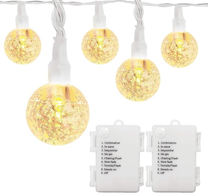 Battery Operated Globe String Lights 16FT Waterproof 30 LED 8 Modes Outdoor String Lights Crystal Ball String Light with Timer for Backyard Garden Balcony Pergola, Warm White (2 Pack)