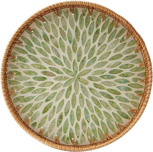 Round Rattan Tray with Mother of Pearl Inlay, Rattan Serving Tray with Wooden Base, Decorative Wicker Basket for Table Decor, Storage and Display of Coffee Bread Food Fruit (Leaf 13.5")