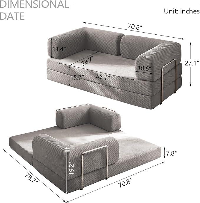Modern Convertible Lounge Chair, Corduroy Fabric, Square Platform Design with Metal Frame, Floor Sofa Bed with Fixed-Shape Frame,Living Room Seating with Armrest (Grey, 3-Seater Sofa)