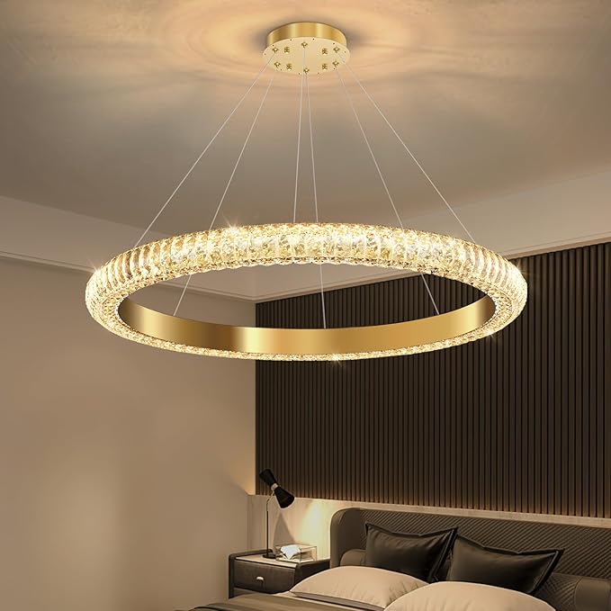 31.5" 1 Ring Crystal Chandelier Modern LED Dimmable Ring Pendant Light Chandelier for Dining Room Living Room Gold