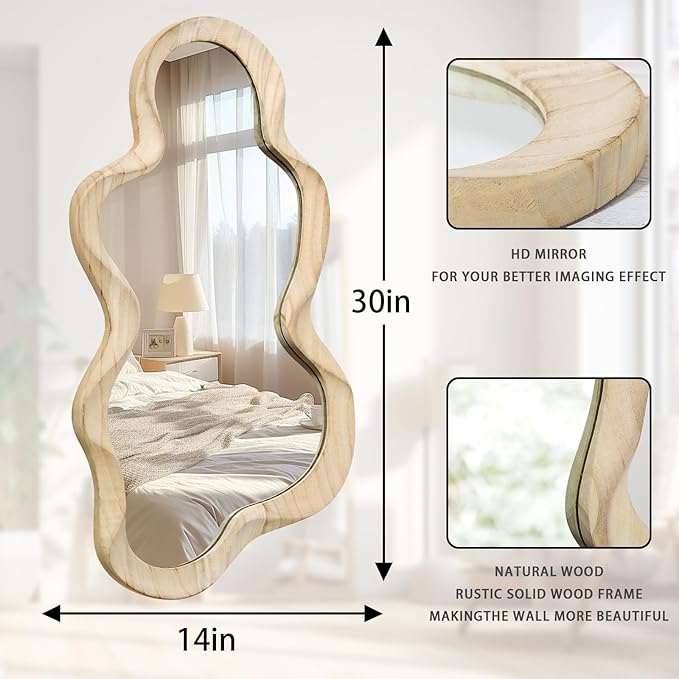 Asymmetrical Mirror Large Irregular Wall Mirror Modern Wood Frame Unique Artistic Mirrors Cute and Stylish Cloud Wavy Mirror Decorative for Cloakroom Bedroom Living Room Bathroom Entryway