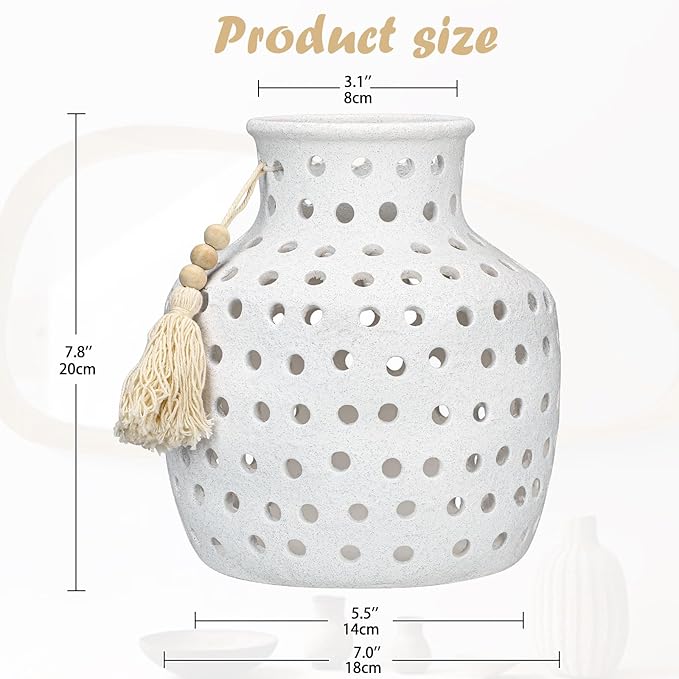 Ceramic Flower Vase Home Decor - 10 Inch Rustic Hollow White Pottery Vase Modern Farmhouse Vintage for Centerpieces House Living Room Dining Table Shelf Mantel Decoration