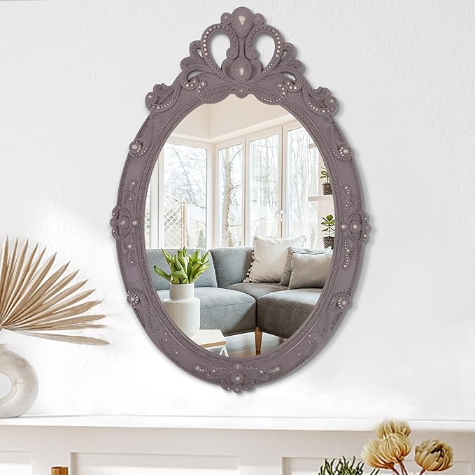 Brown Rustic Mirrors for Wall Vintage Carved Oval Wood Framed Mirror Decorative Wall Hanging Mirror for Bedroom Living Room Bathroom 24 x 16 inch