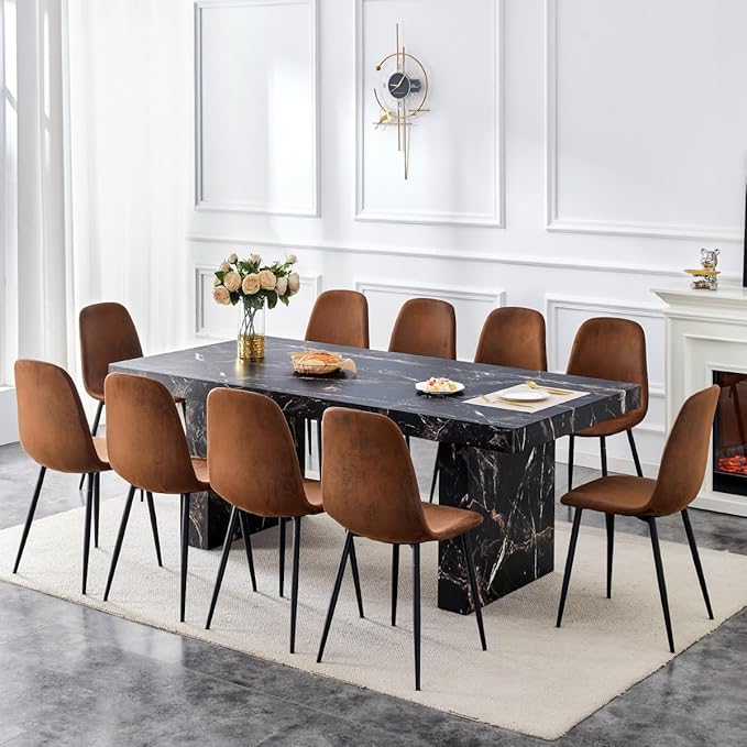 79" Marble Dining Table Set｜Modern Dining Table Set with 10 Suede Chairs｜Engineered Wood with Marble Pattern Tabletop｜Widened and Stable Tablelegs｜Easy Assembly