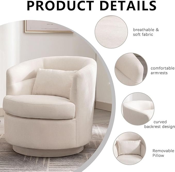CANMOV Swivel Barrel Accent Arm Chairs, Modern Round Upholstered Comfy 360 Degree Swivel Single Circle Club Sofa Chair Set of 2 for Living Room Bedroom, (Beige*2)