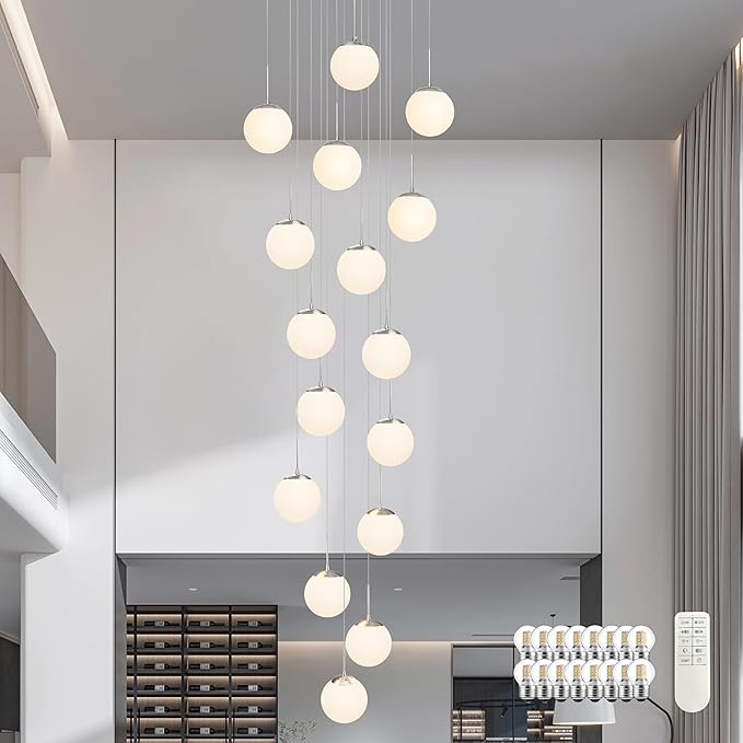 KoKo&Yukina 16-Light Nickel Mid Century Modern Chandelier for Living Room Staircase Chandelier for Entryway Globe Milky White Glass Pendant Light High Ceiling Chandeliers Foyer (Bulb & Remote Incl.)