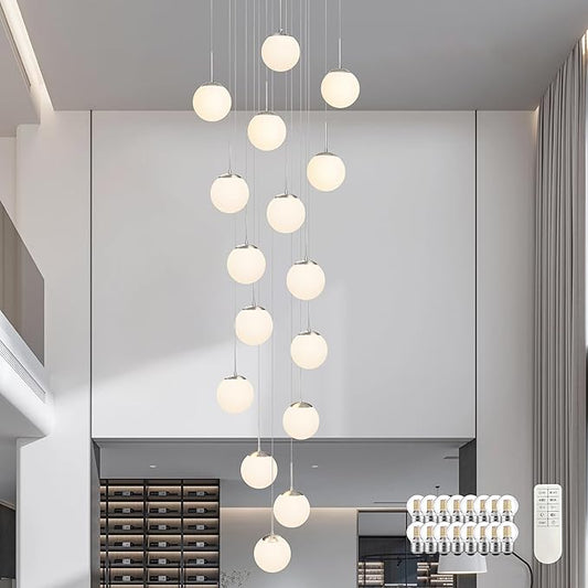 KoKo&Yukina 16-Light Nickel Mid Century Modern Chandelier for Living Room Staircase Chandelier for Entryway Globe Milky White Glass Pendant Light High Ceiling Chandeliers Foyer (Bulb & Remote Incl.)