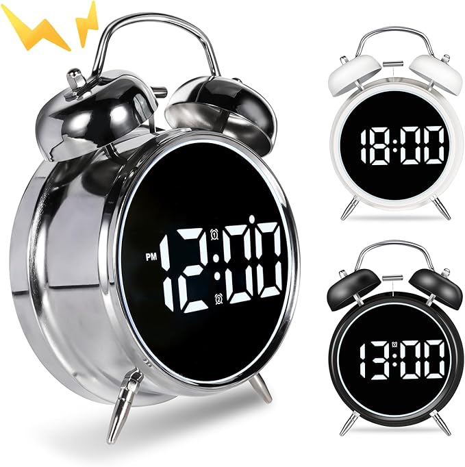 Loud Alarm Clock for Heavy Sleepers Adults, Teens,Kids,Retro Metal Twin Bell 4 Inch,Large Big Numbers Display with Backlight, Small Bedside Digital Clock for Bedrooms (Silvery)