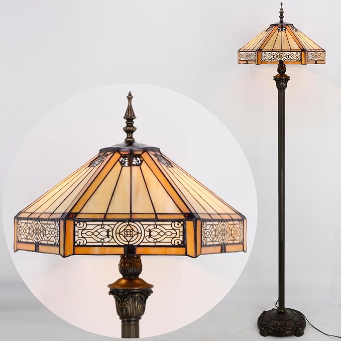 WERFACTORY Tiffany Floor Lamp Yellow Hexagon Stained Glass Mission Standing Reading Light 16X16X64 Inches Antique Pole Corner Lamp Decor Bedroom Living Room Home Office S011 Series