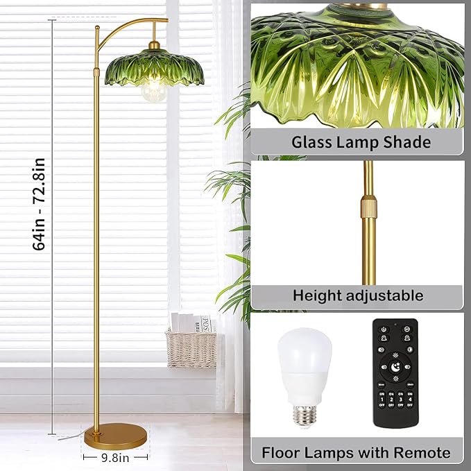 Glass Floor Lamp for Living Room,Bedroom,Gold Standing Lamp with Remote,Dimmable Brass Mid Century Modern Tall Lamp Vintage Retro Green Floor Lamps Boho Flower Floor Light Arc Bohemian